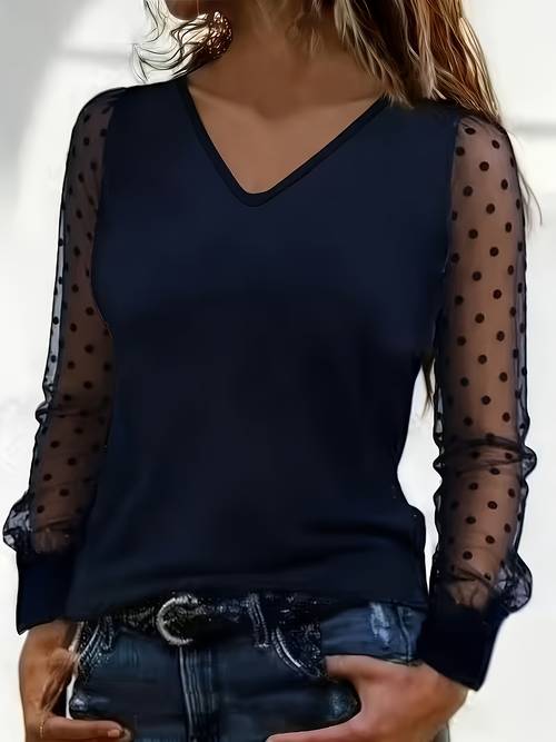 elegante top voor dames met doorschijnende gaas lantaarnmouwen met stippen, v-hals en sierlijke top, top met gemiddelde rek - ademende kanten afwerking, machinewasbare stretchstof voor lente zomer herfst