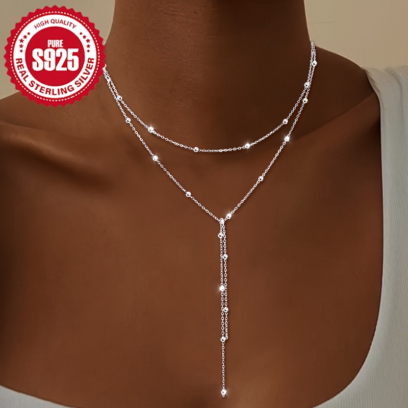TEMU S925 Silver Double-layer Beaded Y-shaped Tassel Necklace For Women, Unique Double-layer Design, , Suitable For Daily Wear, Parties, And Gifting