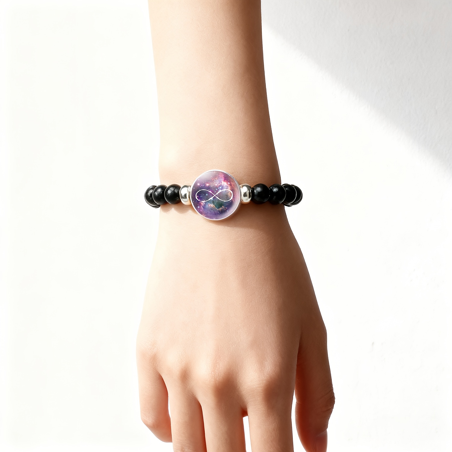 Teenager's Classic Black Plastic Bead & Chain Bracelet with Cosmic Nebula Design