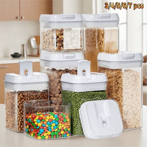 3 4 5 6 7pcs plastic food storage box crimp cover food storage container with lid cereal leak proof bpa free organization and storage for grain nuts snack cookie fruit and sugar for kitchen storage organization gifts