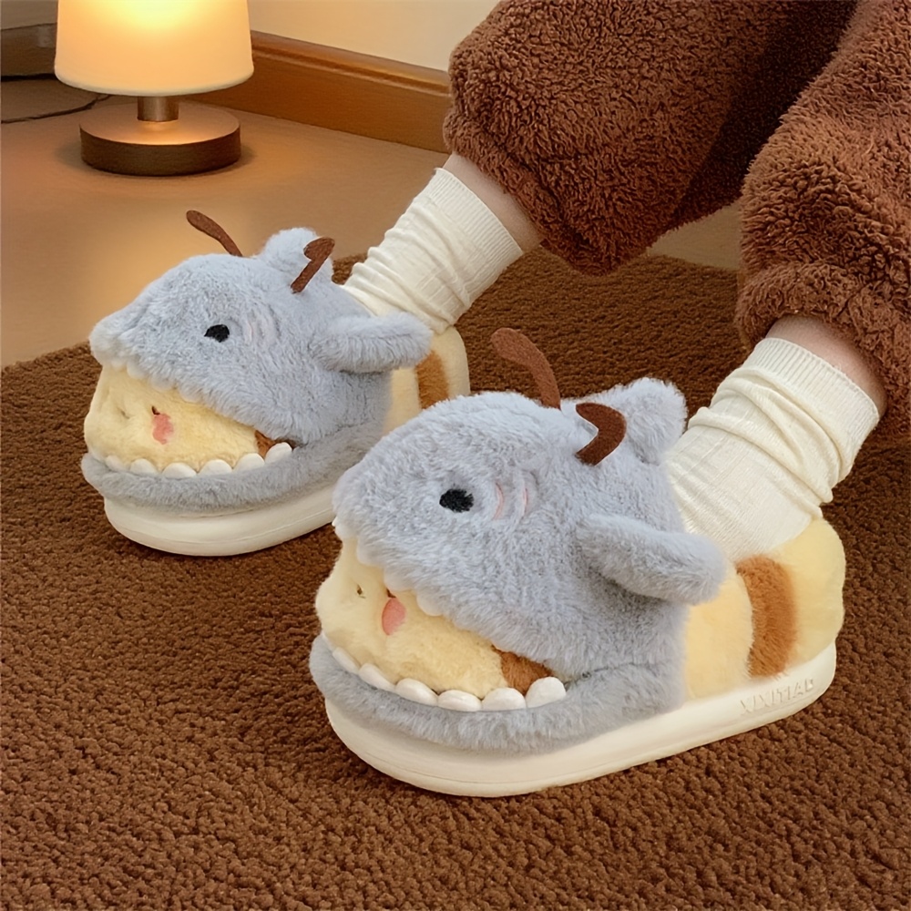 xixitiao cute and fun shark and bee fuzzy winter slippers for couples non slip with a back heel Product details 3