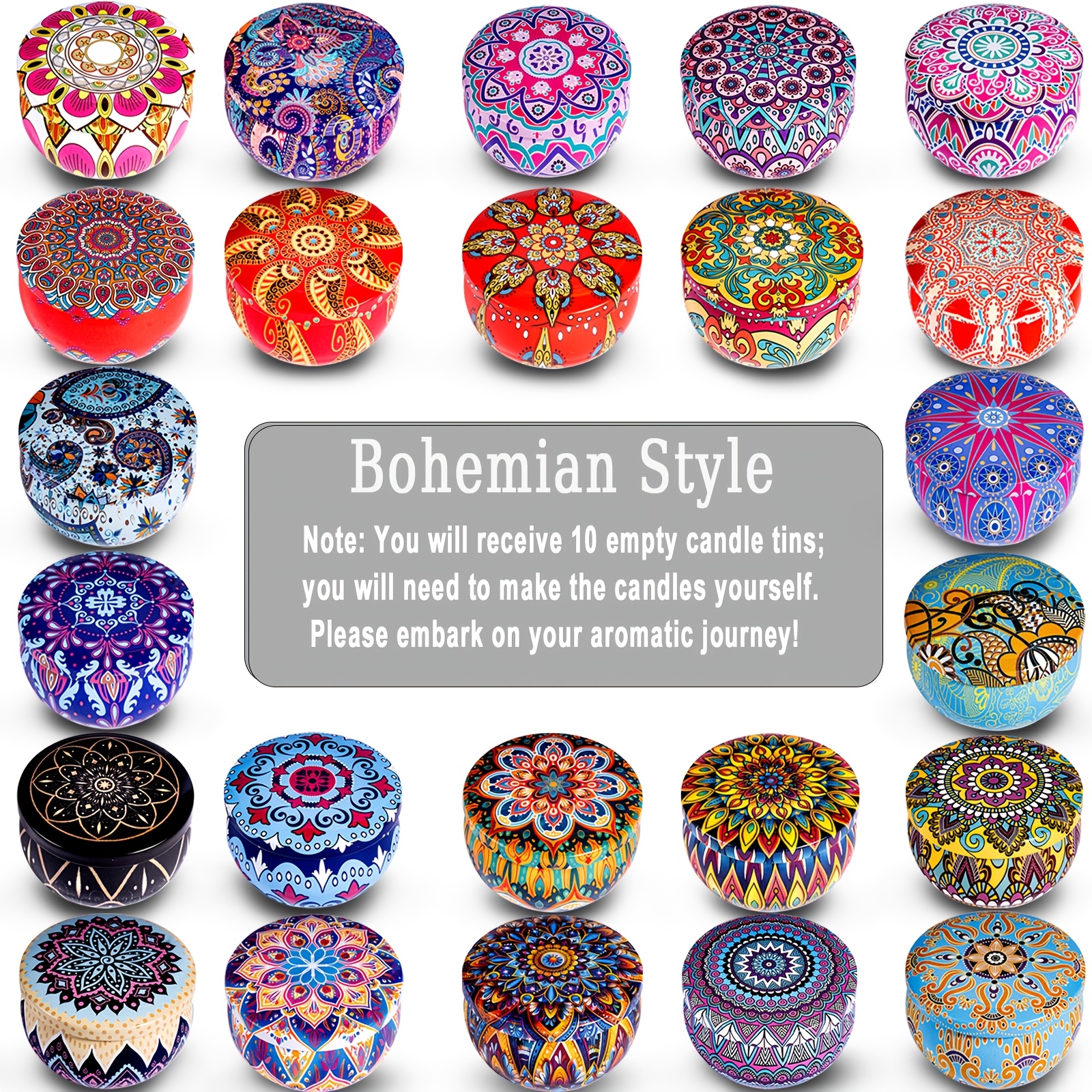 TEMU 10 Empty Bohemian Candle Tins (2.5 Oz)-metal Candle Jars For Candle Making, Home Decor, And Storage-perfect For Enthusiasts And Home Decor