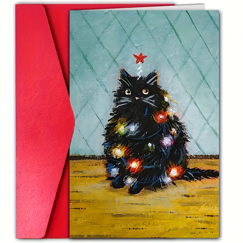 TEMU A Whimsical Christmas Card With Envelope, Universal Holiday Greetings Featuring A Cute Cat And Colorful Lights Design For Wishes