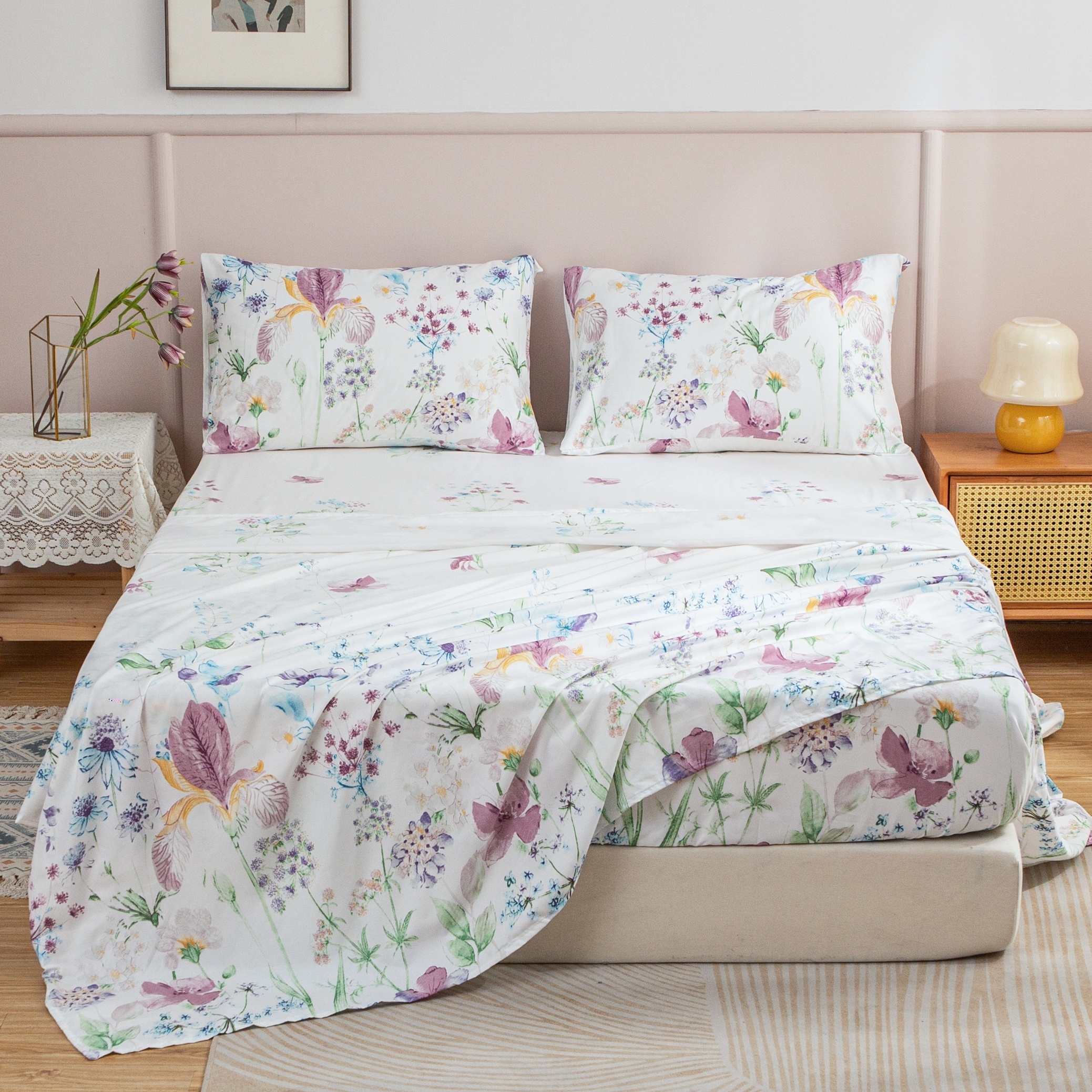 

4pcs Flower Print Fitted Sheet Set, Soft Comfortable Breathable Bedding Set, For Bedroom, Guest Room (1*flat Sheet + 1* Fitted Sheet + 2*pillowcases, Without Core)