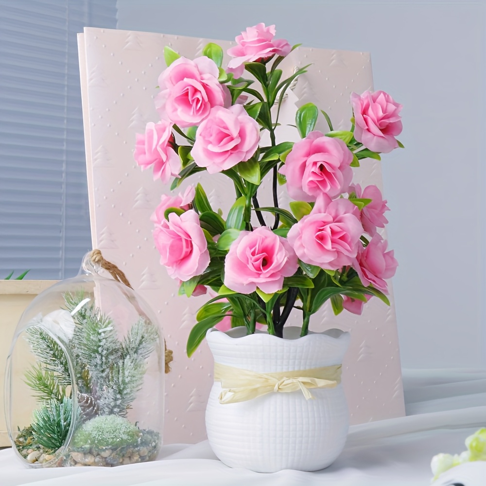 Image of 1pc Tricolor Artificial Rose Bouquet With Pot – Vibrant Pink Roses & Green Foliage, Perfect For Home, Office, Wedding Decor, Valentine's Day & Mother's Day Gifts
