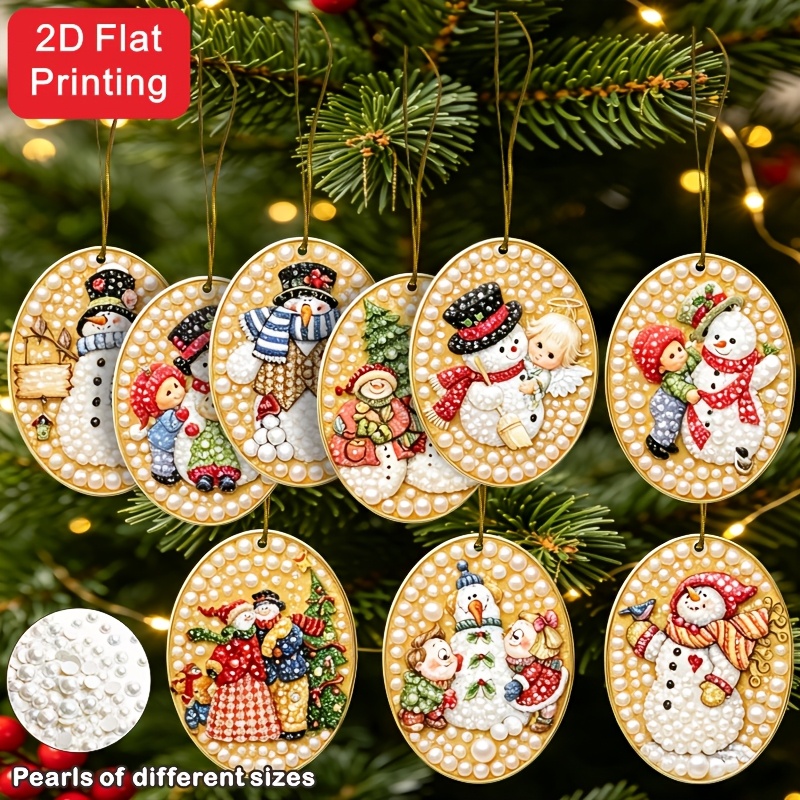 TEMU 9pcs Set 2d Flat Printing Christmas Cute Snowman Diy Drill Wooden Tag Pendant, Diamond Painting Kit, Hd Printing, Complete Handmade Drill Art