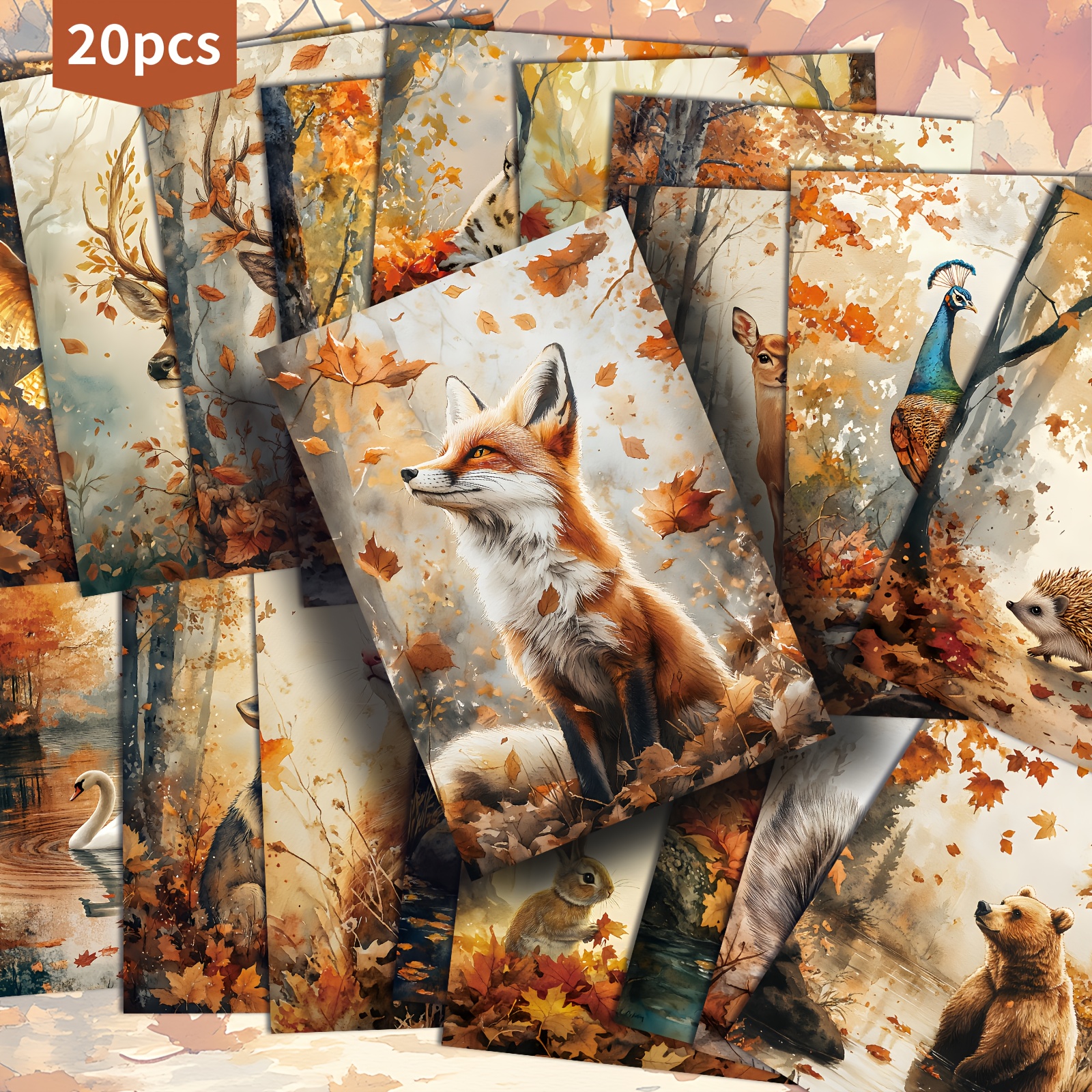 Image of 20 Pack Vintage Autumn Forest Animals Paper Postcards - 4x6 Inches Forest Animals Junk Journal Paper, Classic Pinup Illustrations, Collectible Decorative Painting Cards For Scrapbooking & Crafting