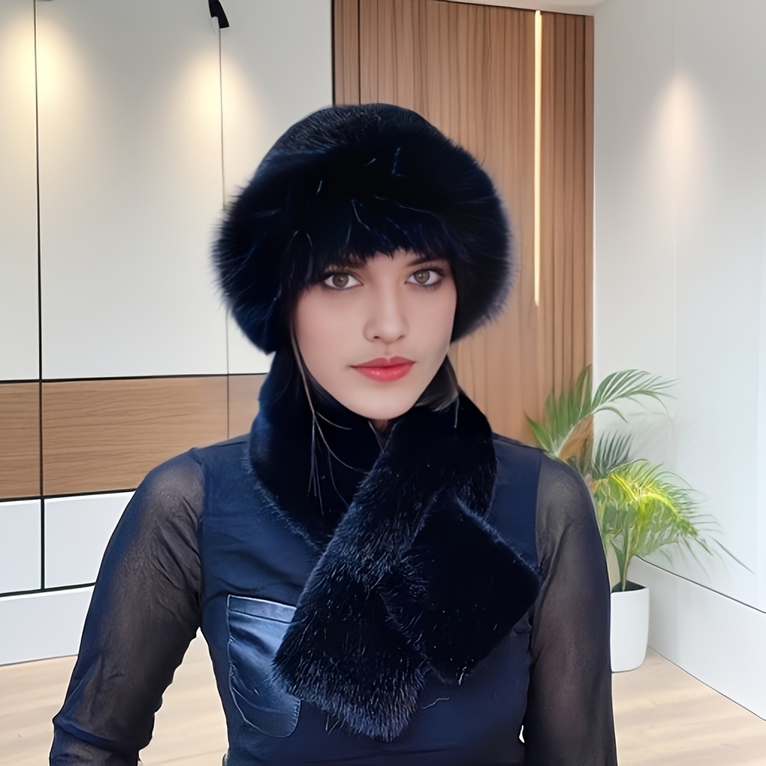 TEMU Set 1 Winter Scarf Mongolian Hat Plush Hat Women's Thick Ear-warming Chinchilla Windproof