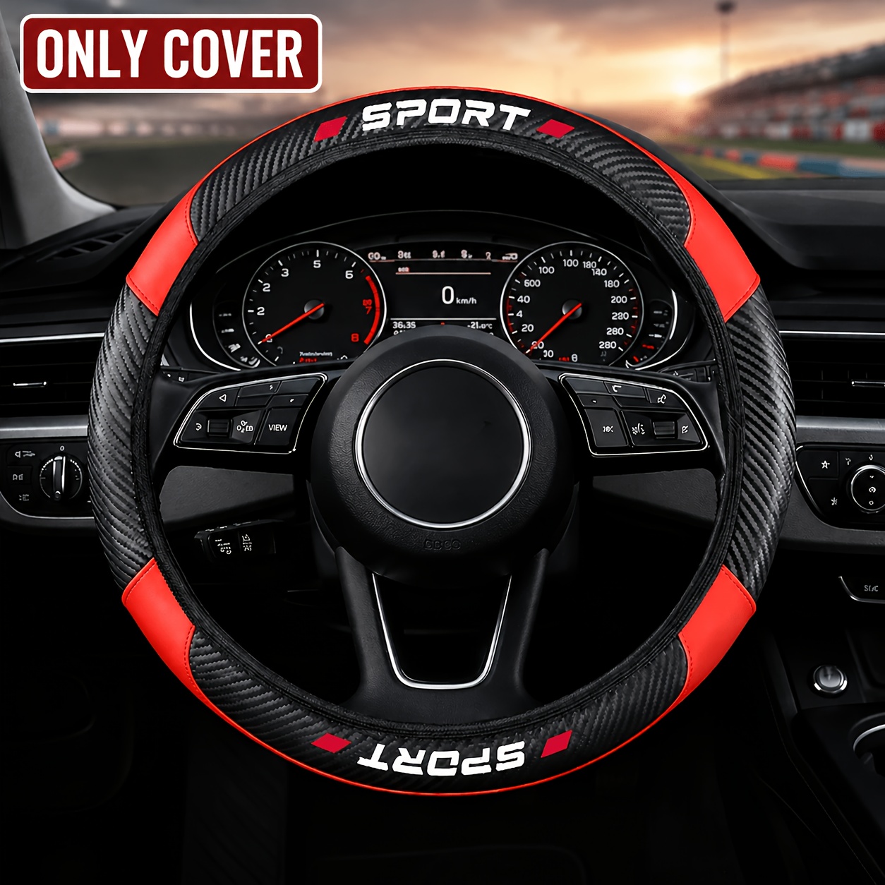 TEMU 1pc Sport Faux Leather Car Steering Wheel Cover, Carbon Fiber Faux Leather, Non-slip And Breathable Grip, Sport Style, Universal Fit -15 Inch,