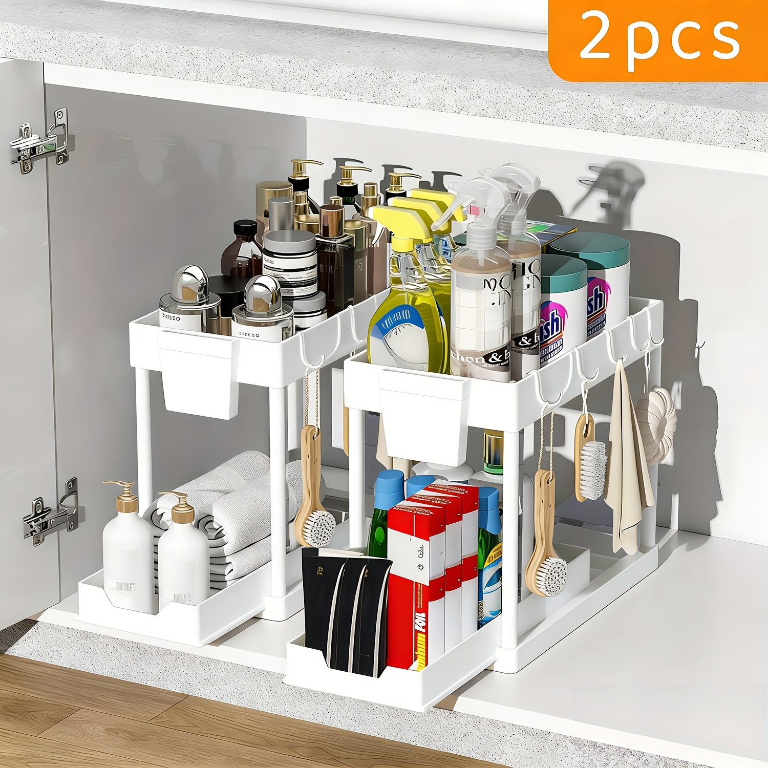 TEMU 1/2pcs Under Sink Organizer Rack 2 Tier Under Sliding Cabinet Basket Organizer Drawer With 5 Hooks And 1 Bucket, Under Sink Storage For Bathroom