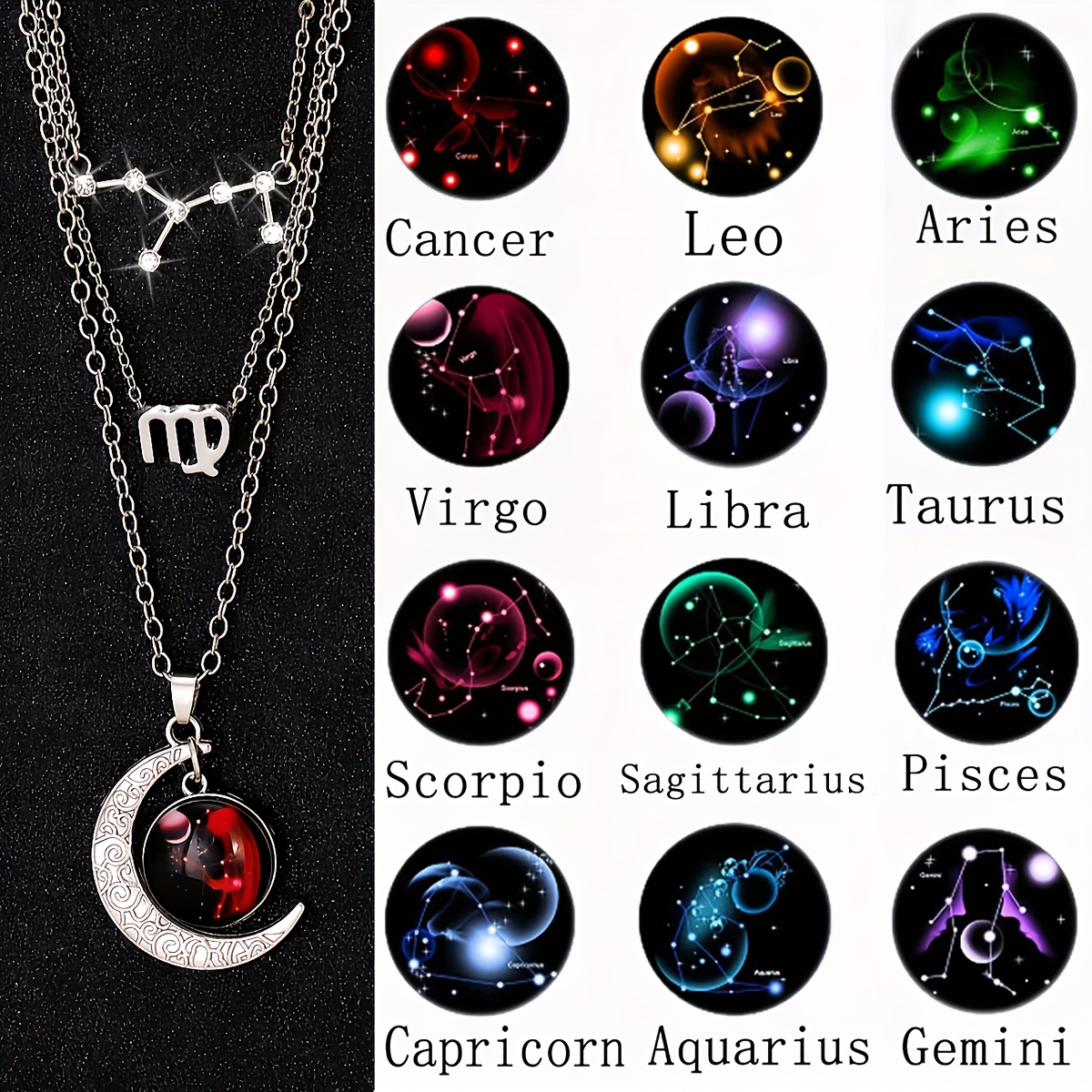 TEMU 3pcs Vintage Zodiac Moon Luminous Pendant Necklace Set Celestial Symbols, Plated K Alloy, Ideal For Daily Wear And Gift-