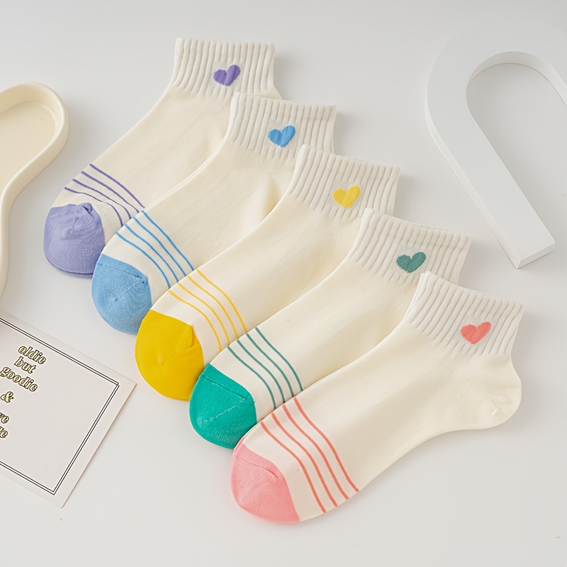 

5 Pairs Heart & Striped Socks, Comfy & Breathable Short Socks, Women's Stockings & Hosiery