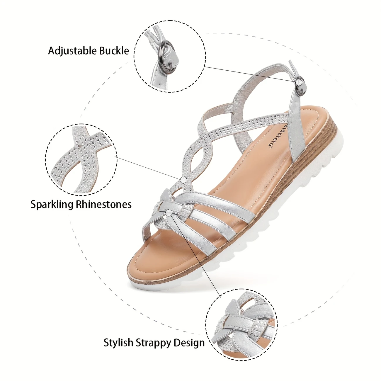 womens wide fit flat sandals casual open toe strappy slip on with sparkling rhinestones adjustable strap soft cover eva cushioned sole for summer dressy or casual wear durable tpu insole strappy sandals 2