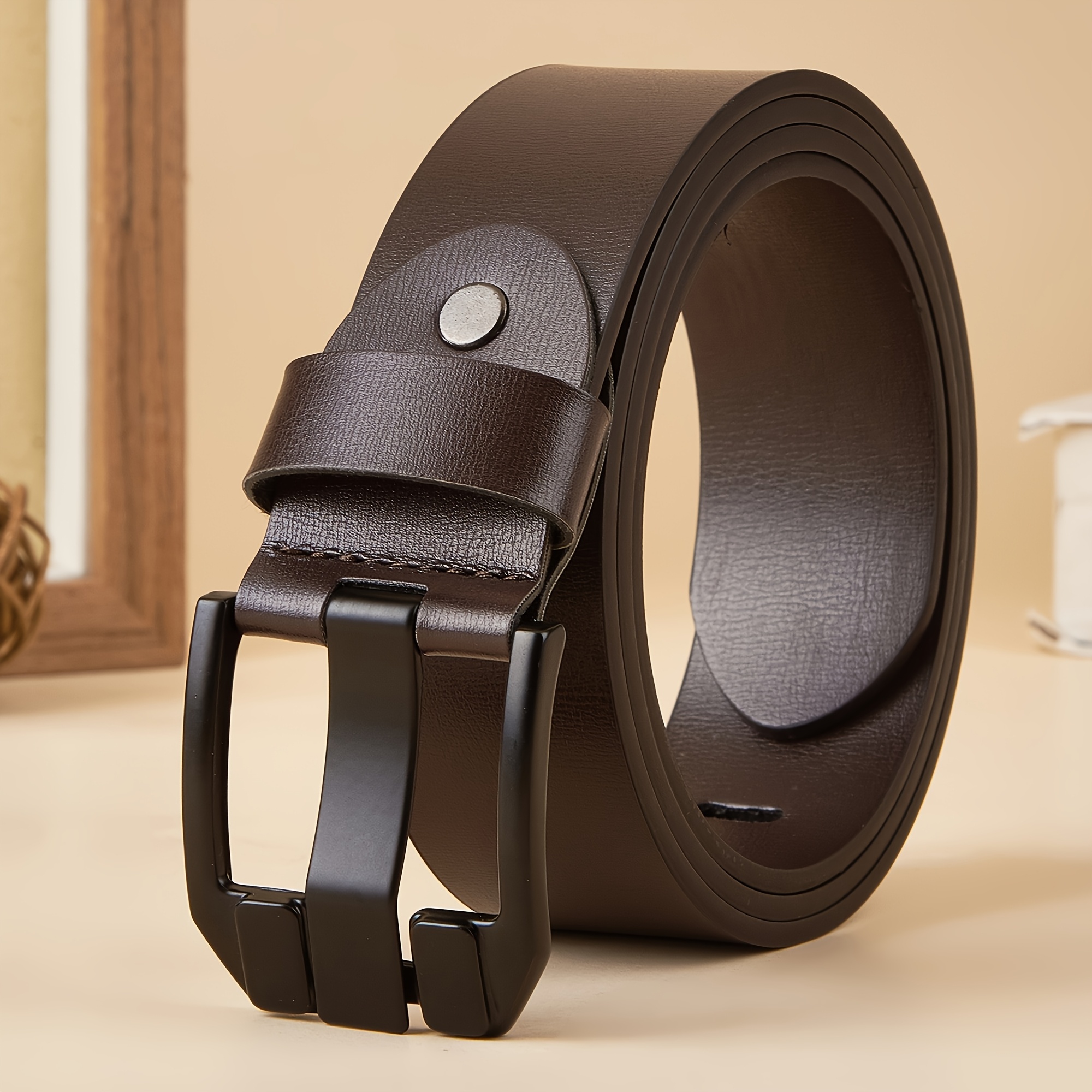 Brown Leather Belt with Square Buckle Retro Style