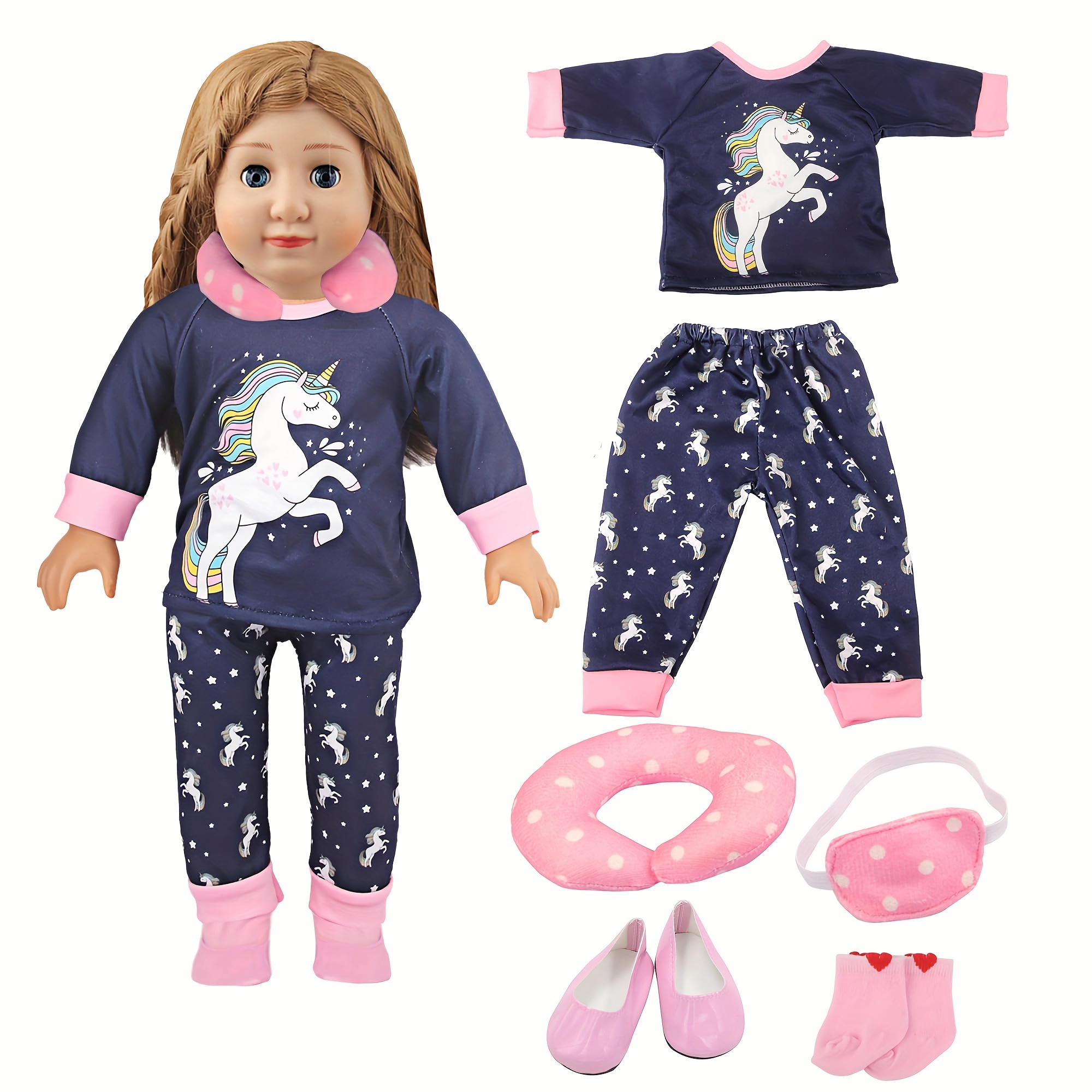 

18 Inch Doll Pajamas Set, Unicorn Themed Doll Sleepwear Set Including Pajama Top, Bottoms, Doll Shoes, Socks, Doll Neck Pillow And Eye Mask, 8 Pcs Doll Sleeping Accessories For 18 Inch Dolls