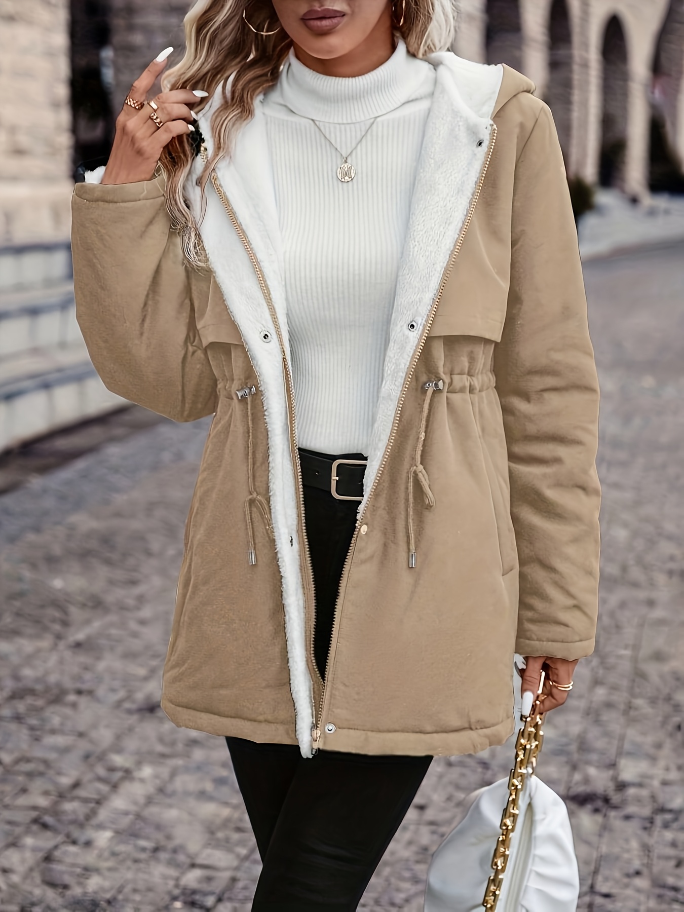 Chaqueta con capucha y cintura con cordón para mujer, con forro de felpa, manga larga, cierre de botones, ropa exterior casual para otoño/invierno, elegante y de estilo, chaqueta de invierno.