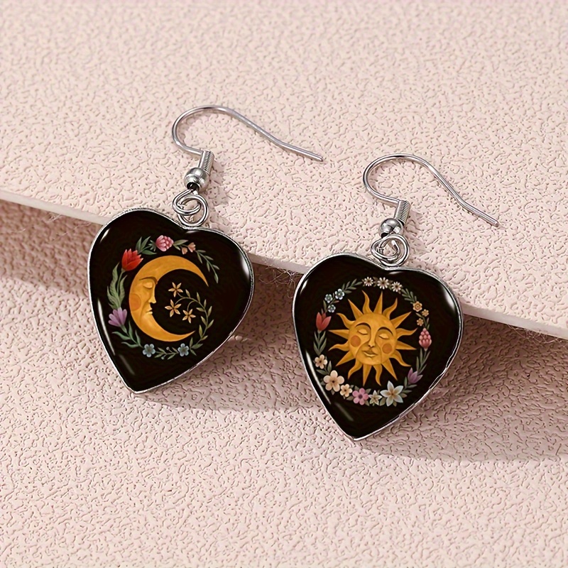 

Vintage Heart-shaped Sun And Moon Drop Earrings - Stainless Steel With Glass Mosaic, Hypoallergenic Ear Needle, Non-magnetic, 1 Pair