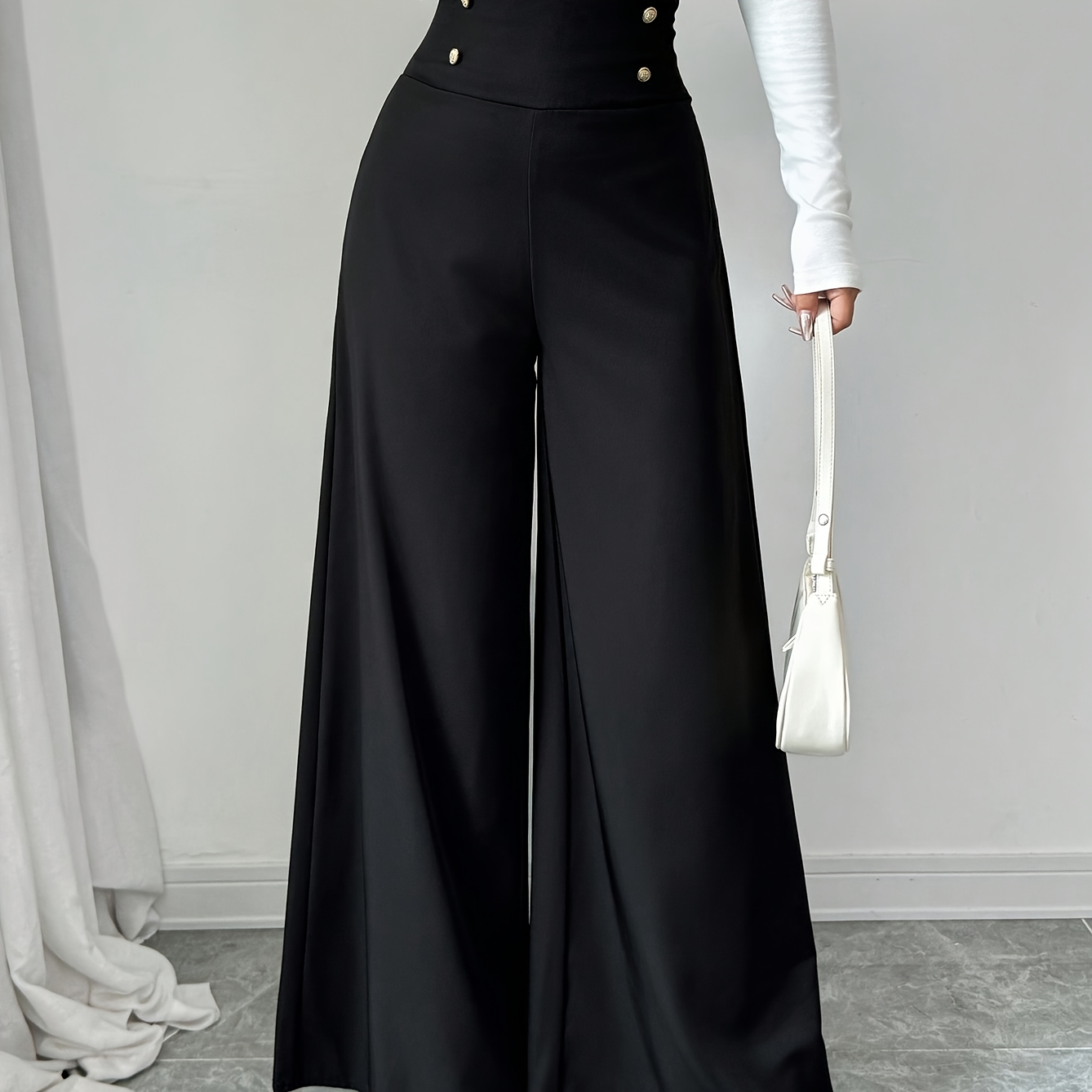 Women's High-Waisted Wide-Leg Suit Pants - Solid Color Elegant Trousers with Button Closure, Structured Non-Stretch Fabric, Machine Washable for Spring, Versatile for Casual & Formal Wear, Professional Attire, Sophisticated Style, No Stretch Fabric, Business Casual, Classic Design, Tailored Fit, Business Women