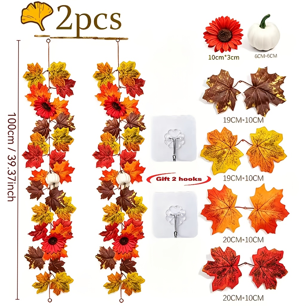 Image of 2pcs 100cm/39.37inch Artificial Fall Maple Leaf Garland With Sunflowers & White Pumpkins, Thanksgiving Halloween Harvest Decor, Christmas Decor
