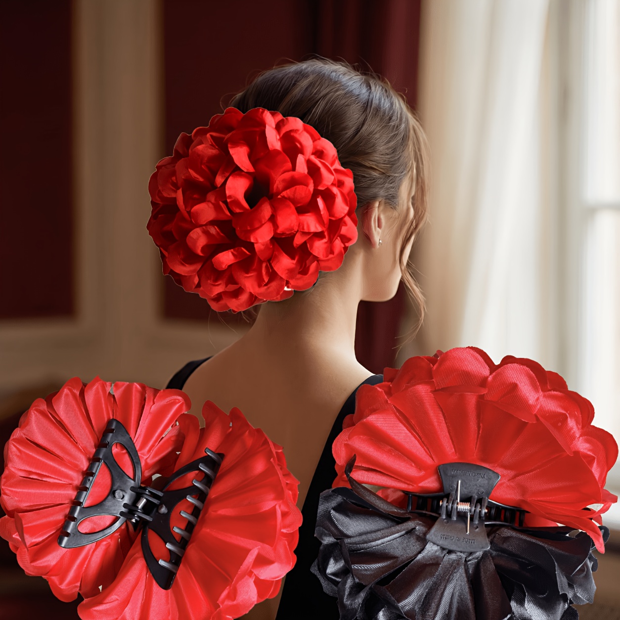 TEMU 1pc Women's Black Or Red Cute And Beautiful Flower Hair Clip, Fashionable, Elegant, Versatile, And , Suitable For Daily Use, Parties, Commuting,