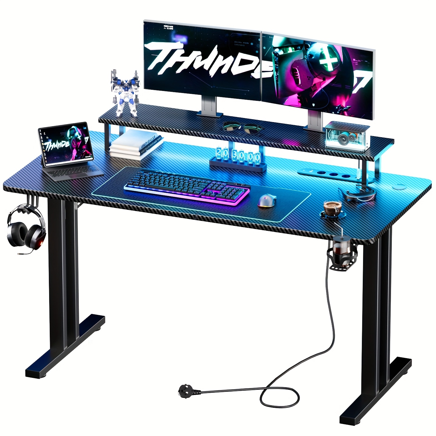 E-shop RGB LED Gaming-Schreibtisch mit Steckdosen Monitorständer, Ergonomischer Computer-Gaming-Arbeitsplatz, Große Carbonfaser-Arbeitsplatte fürs