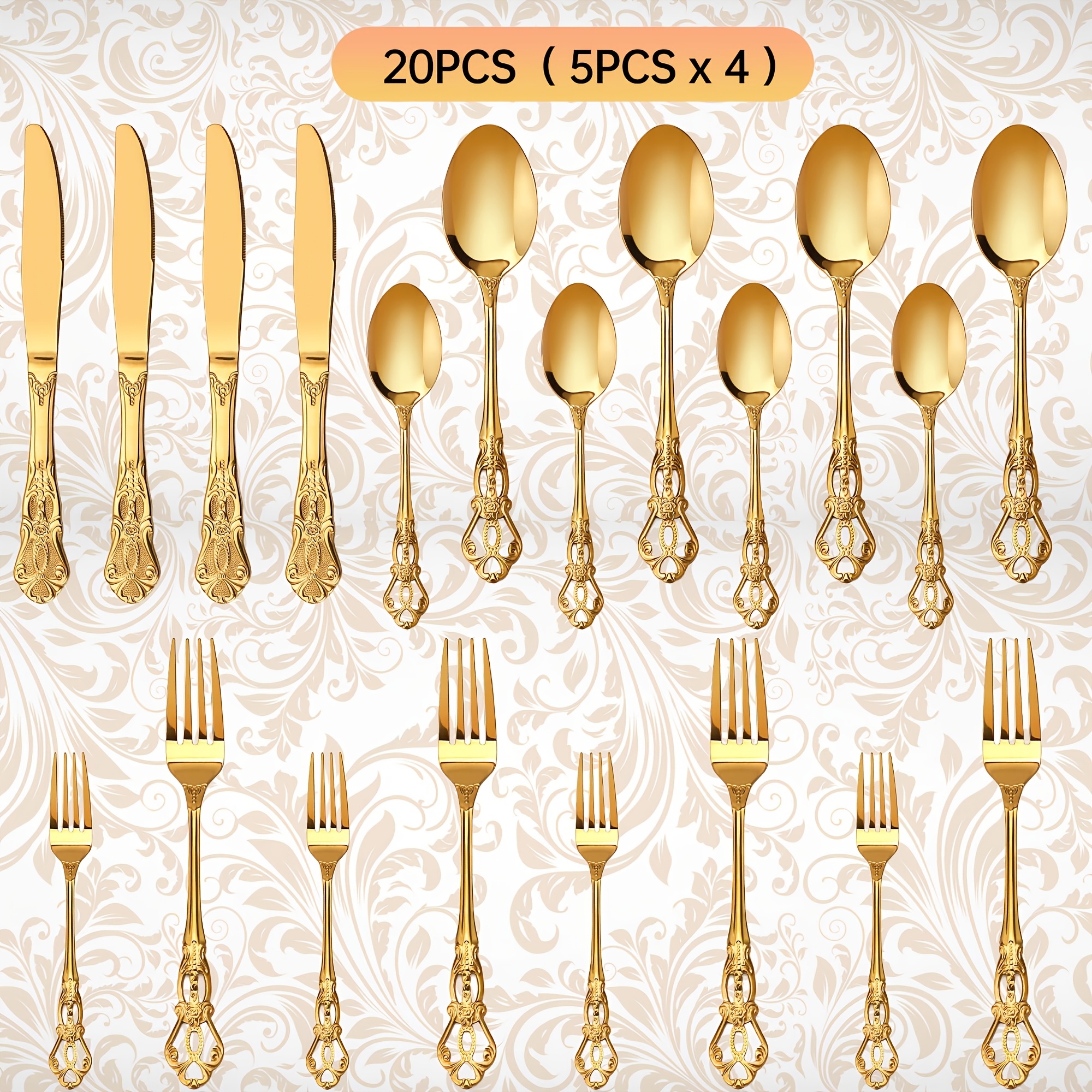 TEMU Ensemble de couverts 20 pièces en acier inoxydable doré et accessoires de cuisine. Les poignées arborent un motif en relief ouvert, donnant un