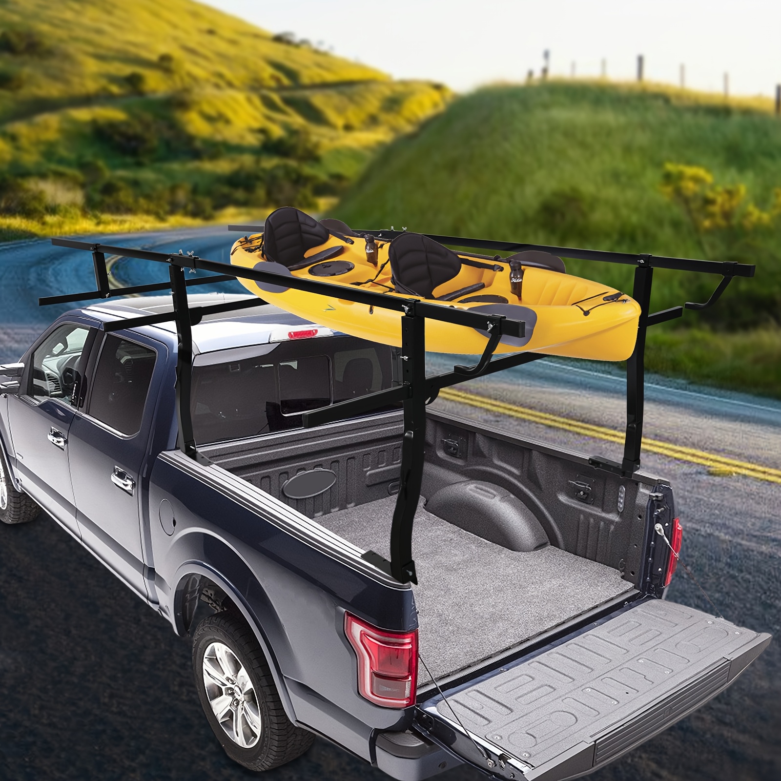 Heavy-Duty 1000 lbs Capacity Black Steel Pickup Truck Trunk Rack with Kayak Mount - Adjustable, Easy Load &amp; Unload, Smooth Edges, Rope Hooks for Secure Transport of Ladders, Tools, and Equipment