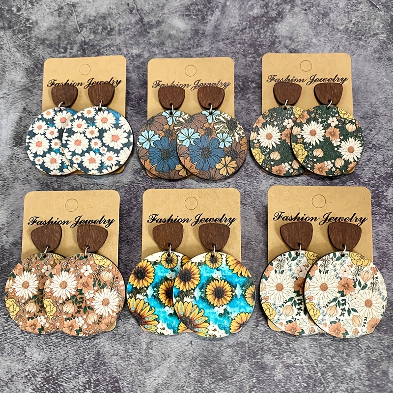 

6 Pairs Of Bohemian Chic Wooden Earrings -unisex, Retro With Floral Print - Handcrafted, Lightweight, Comfortable, And Earrings For Women And Men.