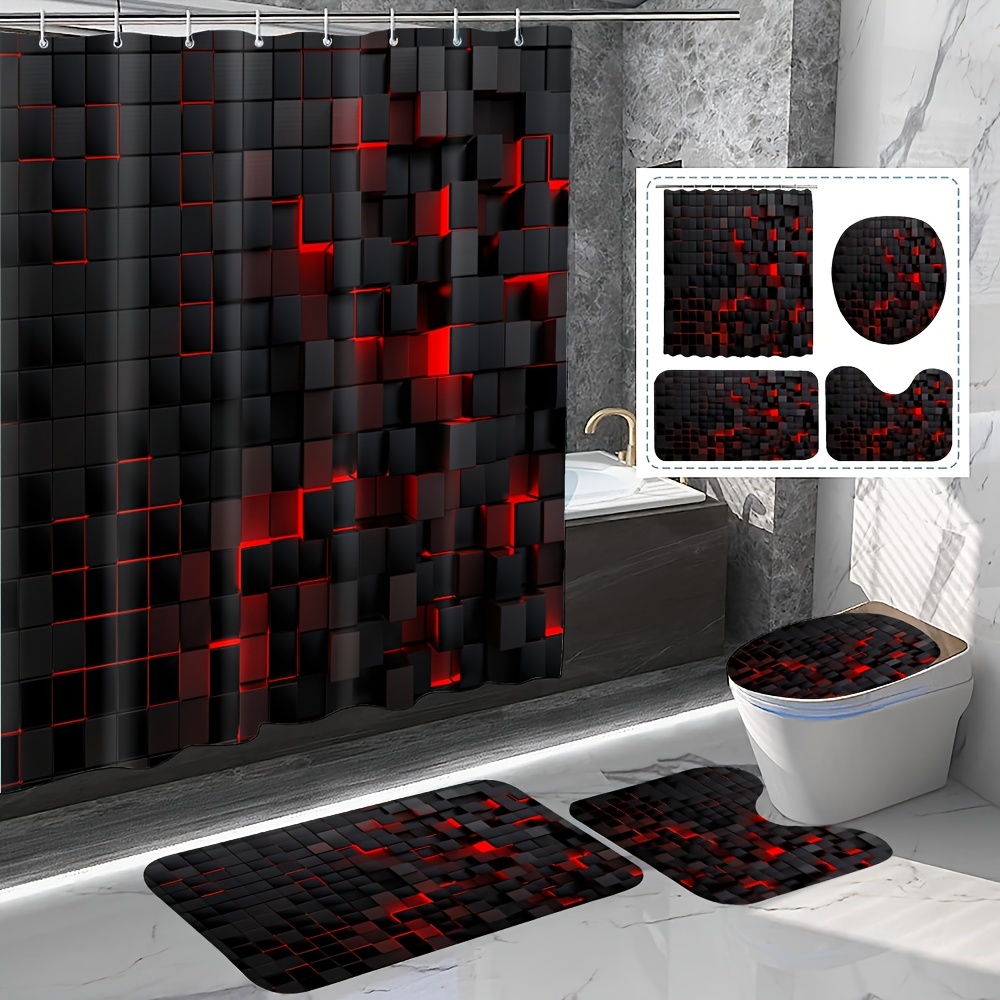 

1/4pcs Checkered Pattern Shower Curtain Set, Waterproof Shower Curtain With 12 Hooks, U-shaped Mat, Toilet Cover Mat, Bath Mat, Bathroom Accessories, Multifunctional Bathroom Decor