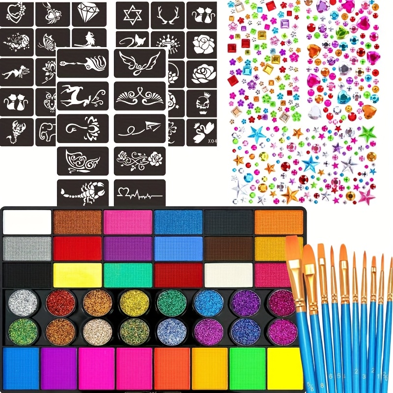   42   painting kit with 3 self   jewelry stickers multiple tattoo templates diy makeup templates and 10 brushes   parties birthdays halloween christmas face and body paints face painting supplies vibrant color palette durable brushes face painting kits