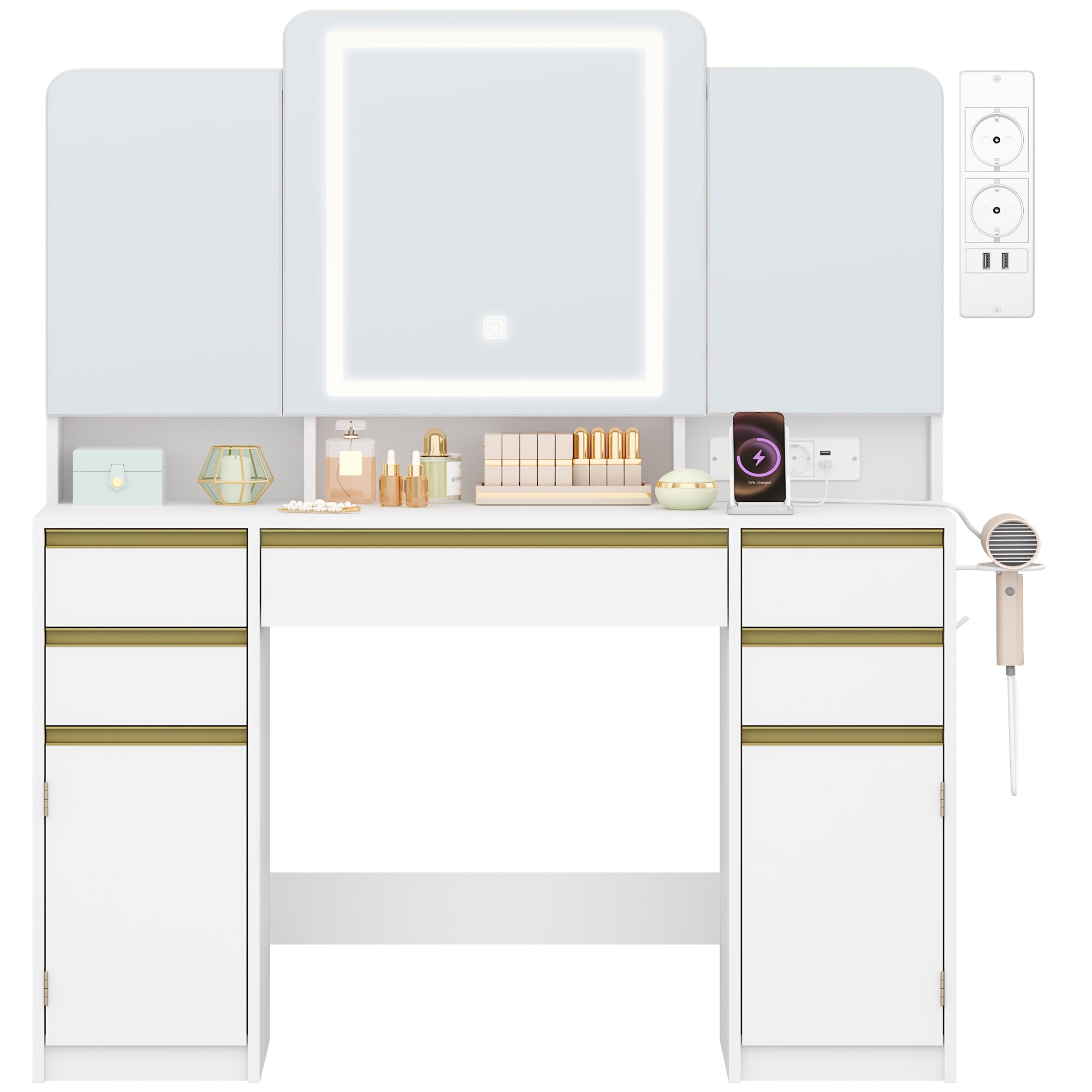 Dressing Table With Triple Mirror, Hair Dryer Holder, Storage Space , Dressing Table With Drawers, Storage Cabinet, Open Compartments, White