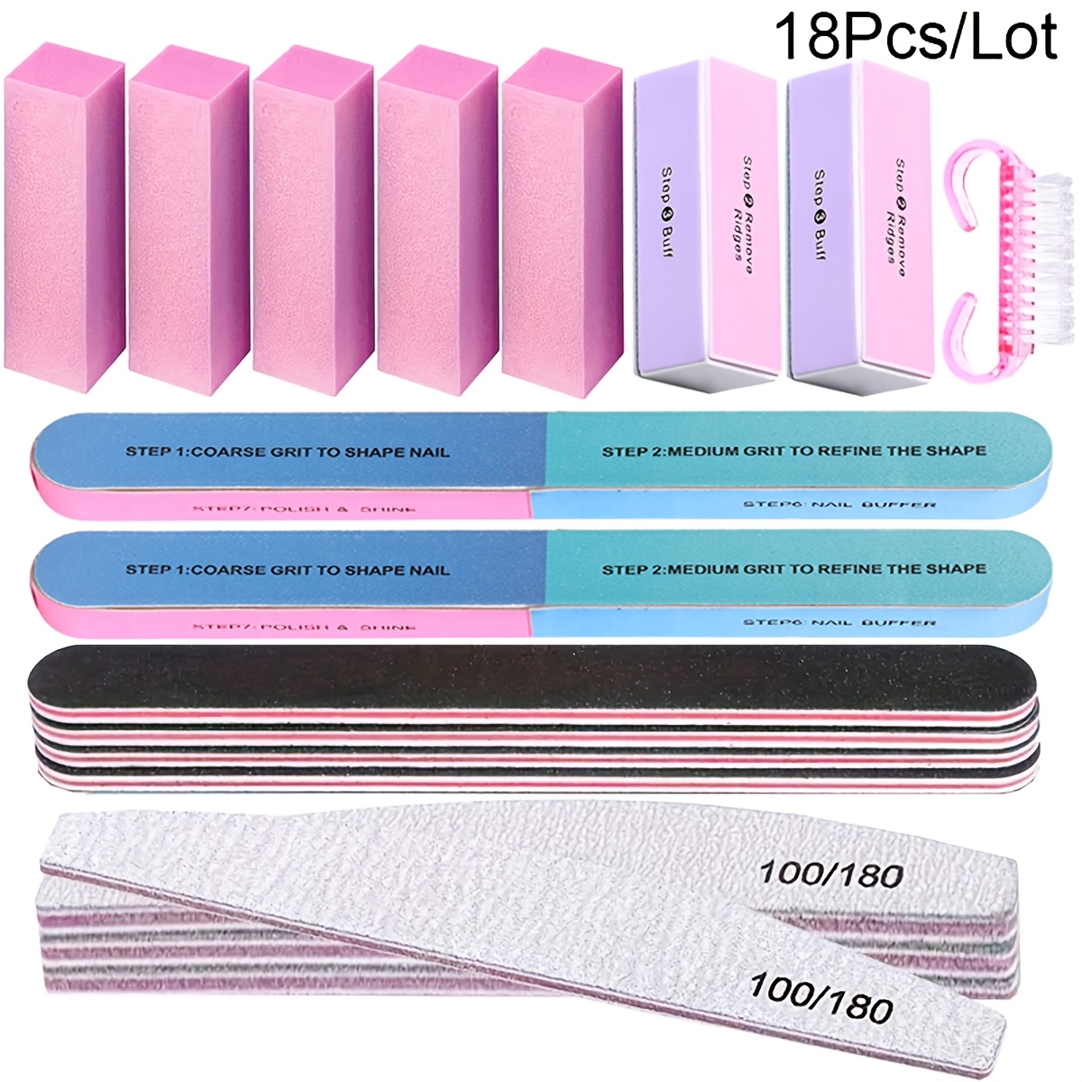 18pcs/set Professional Nail Files Manicure Sets Polishing Sanding Buffer File Pedicure Tool Cuticle Pusher Nail Brushes Accessory