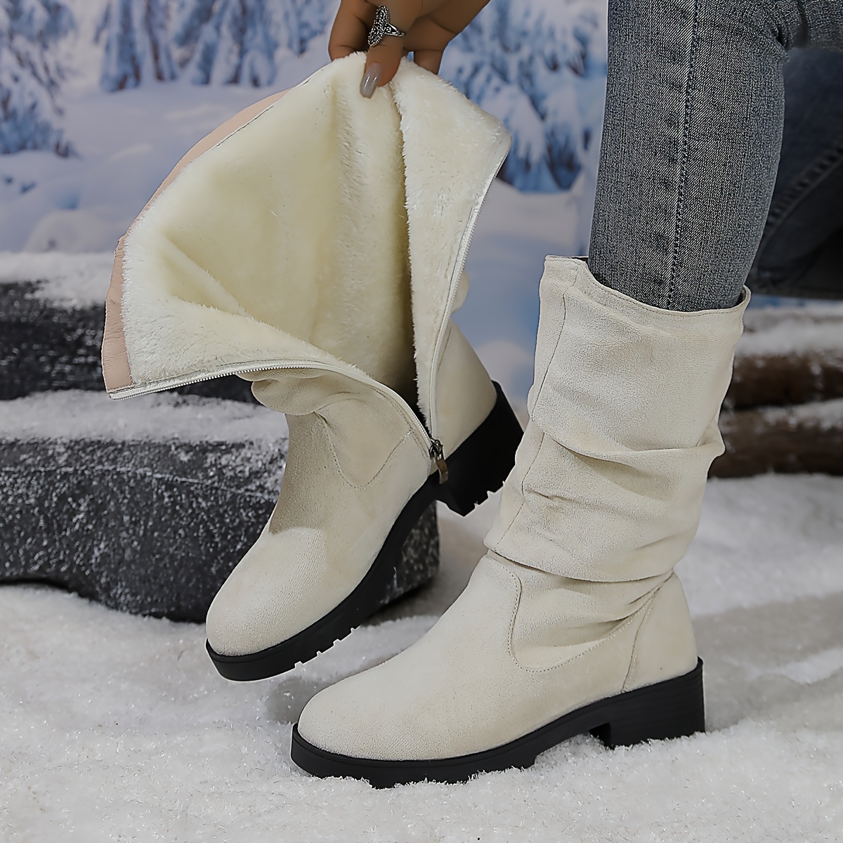 Image of Women Slouch Mid-calf Boots, Side Zipper Round Toe Low Block Heel Ruched Stackable Daily Casual Boots