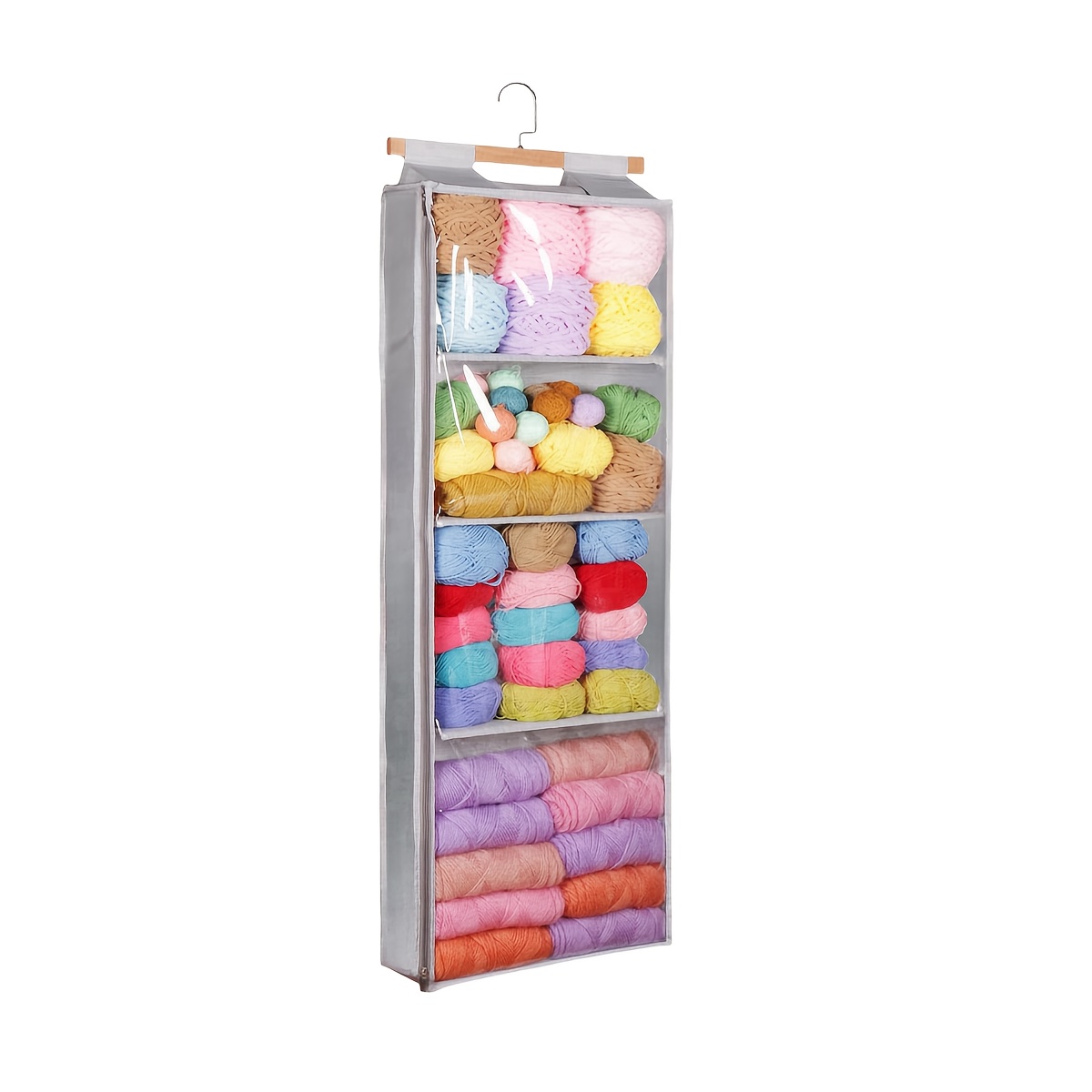 E-shop Hängende Garn-Aufbewahrungstasche mit 4 großen Fächern, transparente gestrickte Aufbewahrungsbox, Reißverschluss-Design, geeignet für