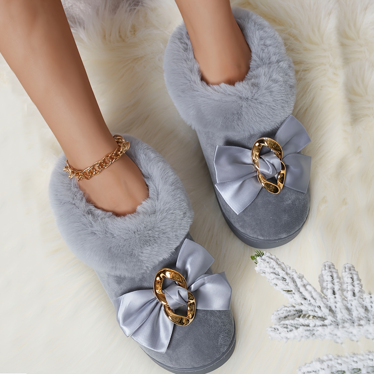 

2024 New Fashionable Women's Snow Boots With Bowknot, Winter Velvet Thickened Warm Short Toe Slipper, Women's Home Shoes