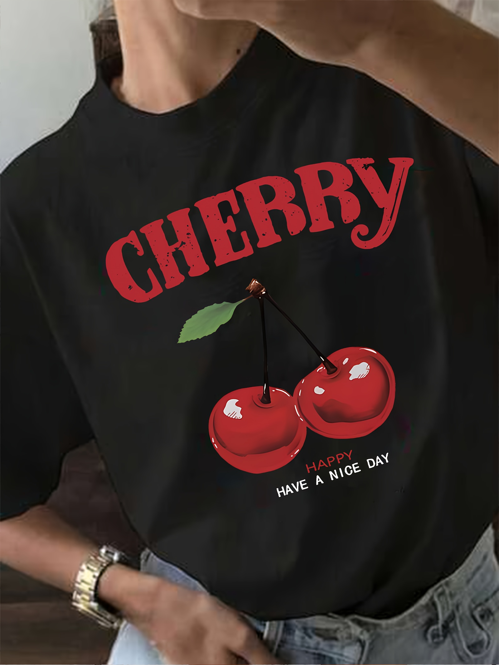 fruit&cherry graphic print t-shirt, short sleeve crew neck casual top for summer & spring, Women's clothing