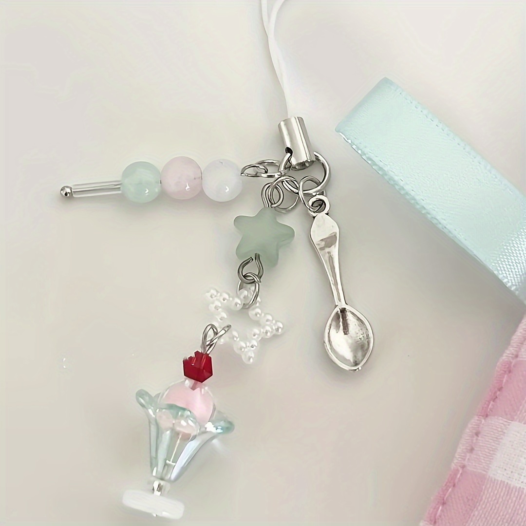 

Cute Tricolor Ice Cream Soda Decor Phone Pendant Handmade Beaded Earphones Phone Pendant