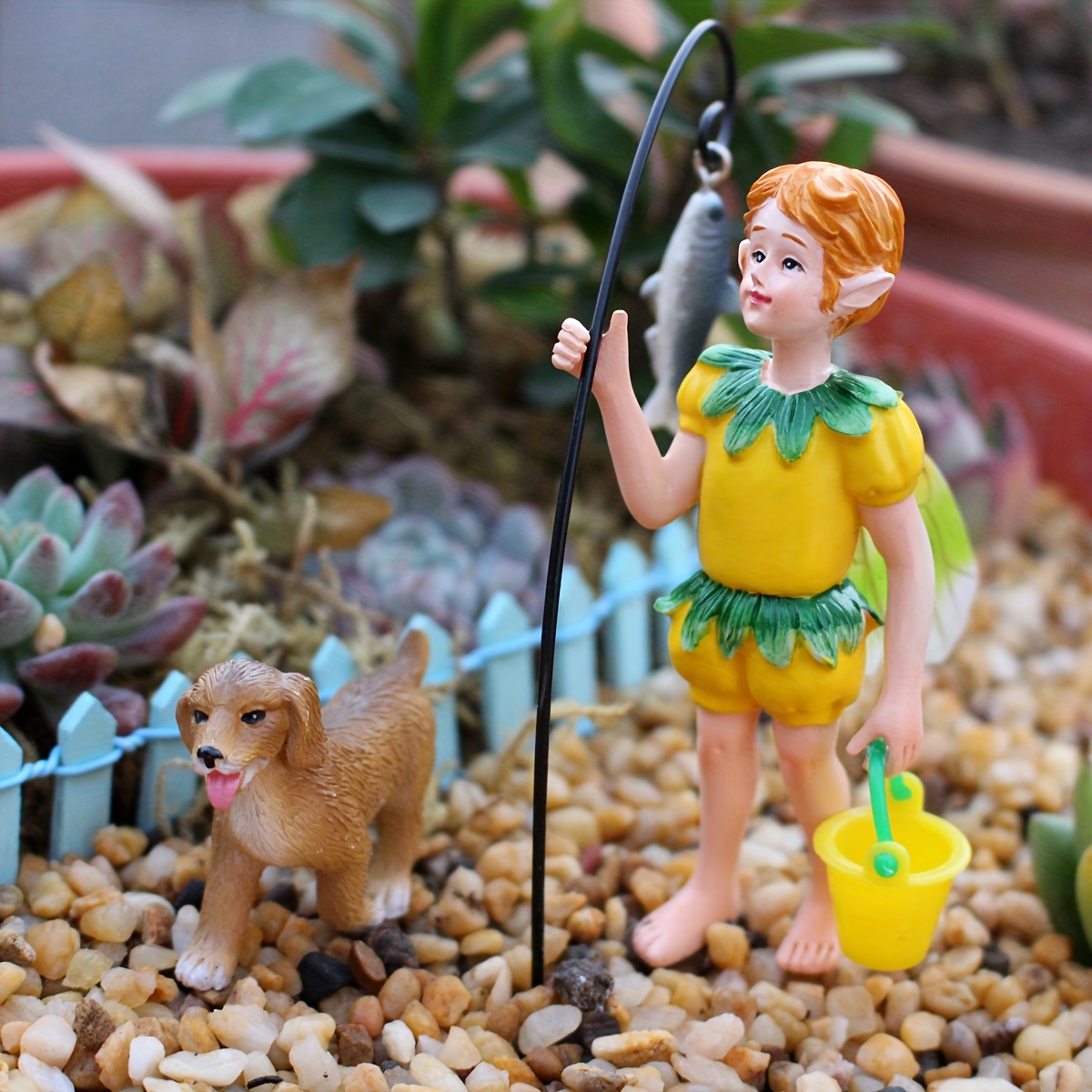 2pcs/set, Resin Fish Boy Puppy Plug-in Statue Mini Garden Figurine Flower  Fairy Decoration Fairy Garden Home Decoration, For Pots Bonsai Miniature Lan