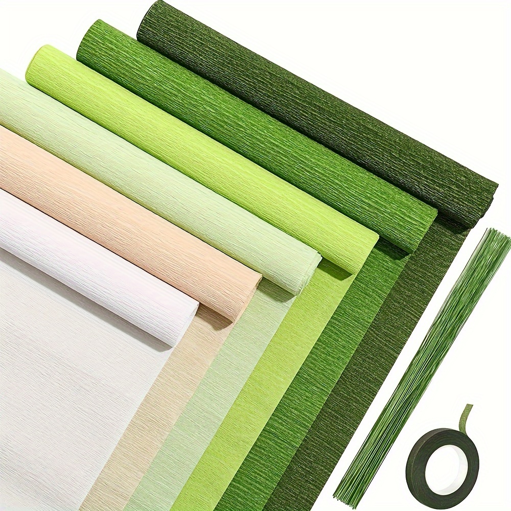 

6 Rolls Crepe For Diy Crafts - 35g Paper With Metal Floral Stem Wire & Green Floral Tape, Versatile Streamers For Wedding, Birthday & Festival Decorations, Flower Making Kit