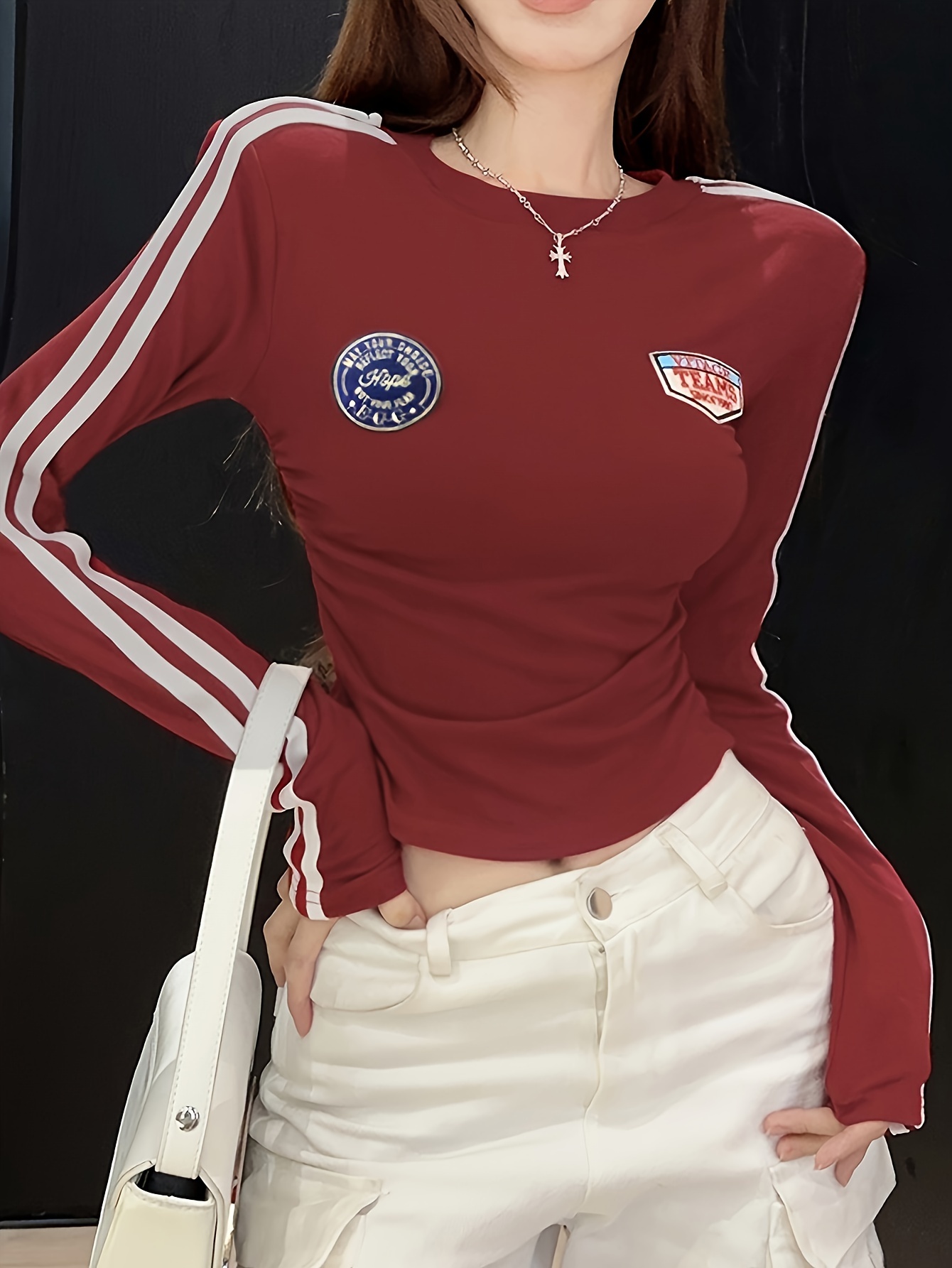 retro   burgundy striped long sleeve cropped t - Temu