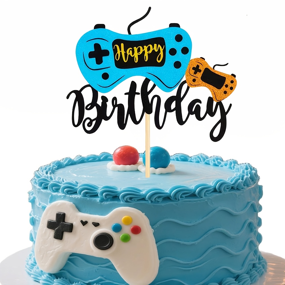 1pc Glitter Video Game Happy Birthday Cake Topper, Game Controller Gamepad Cake Pick, Theme Decor For Birthday Party/ Shower Supplies