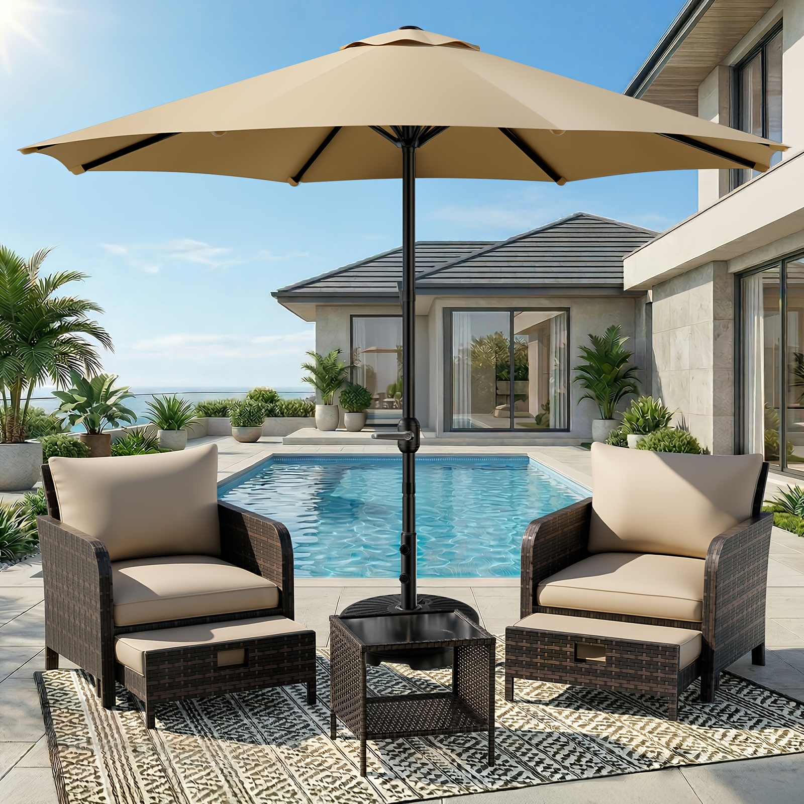 TEMU Leveleve 9ft Outdoor Patio Umbrella With Easy Crank - Uv Resistant Market Umbrella With Ventilated Canopy, 8 Sturdy Ribs & Powder-coated Frame