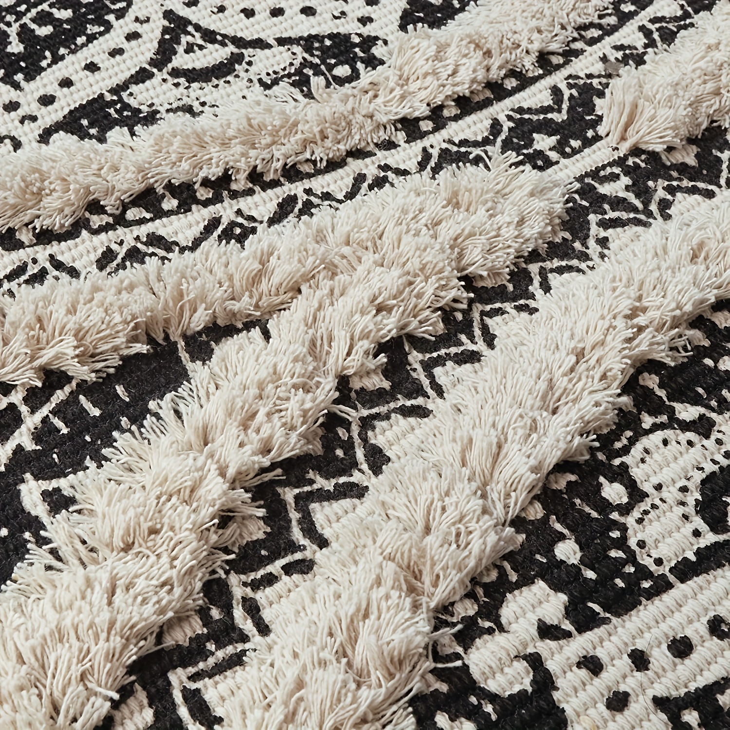 Washable Handmade Black and Cream Bohemian Runner Rug