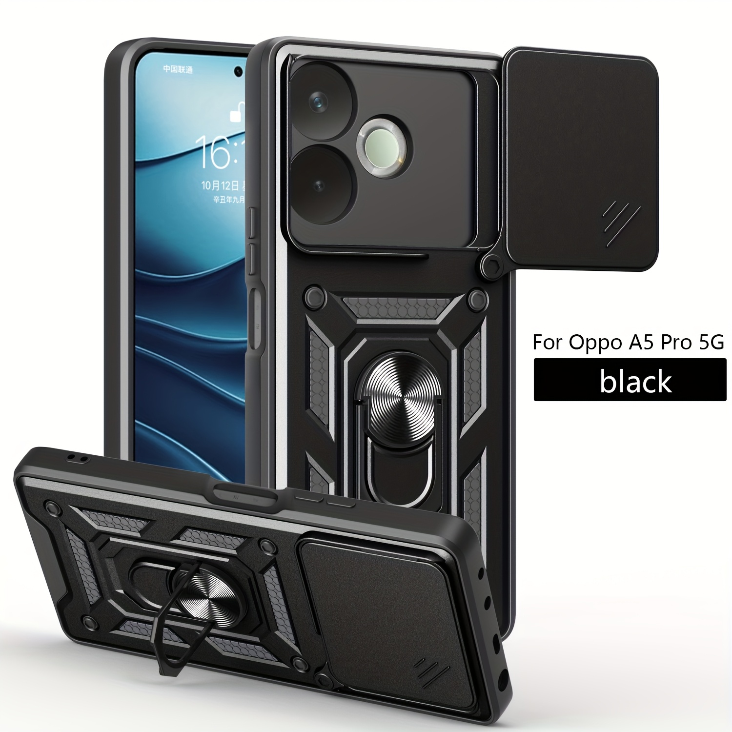 TEMU Phone Case: For Oppo A5 Pro Case, Built In Slide Camera Lens Cover, Heavy-duty Double-layer Shockproof Protective, With 360° Holder Phone Case