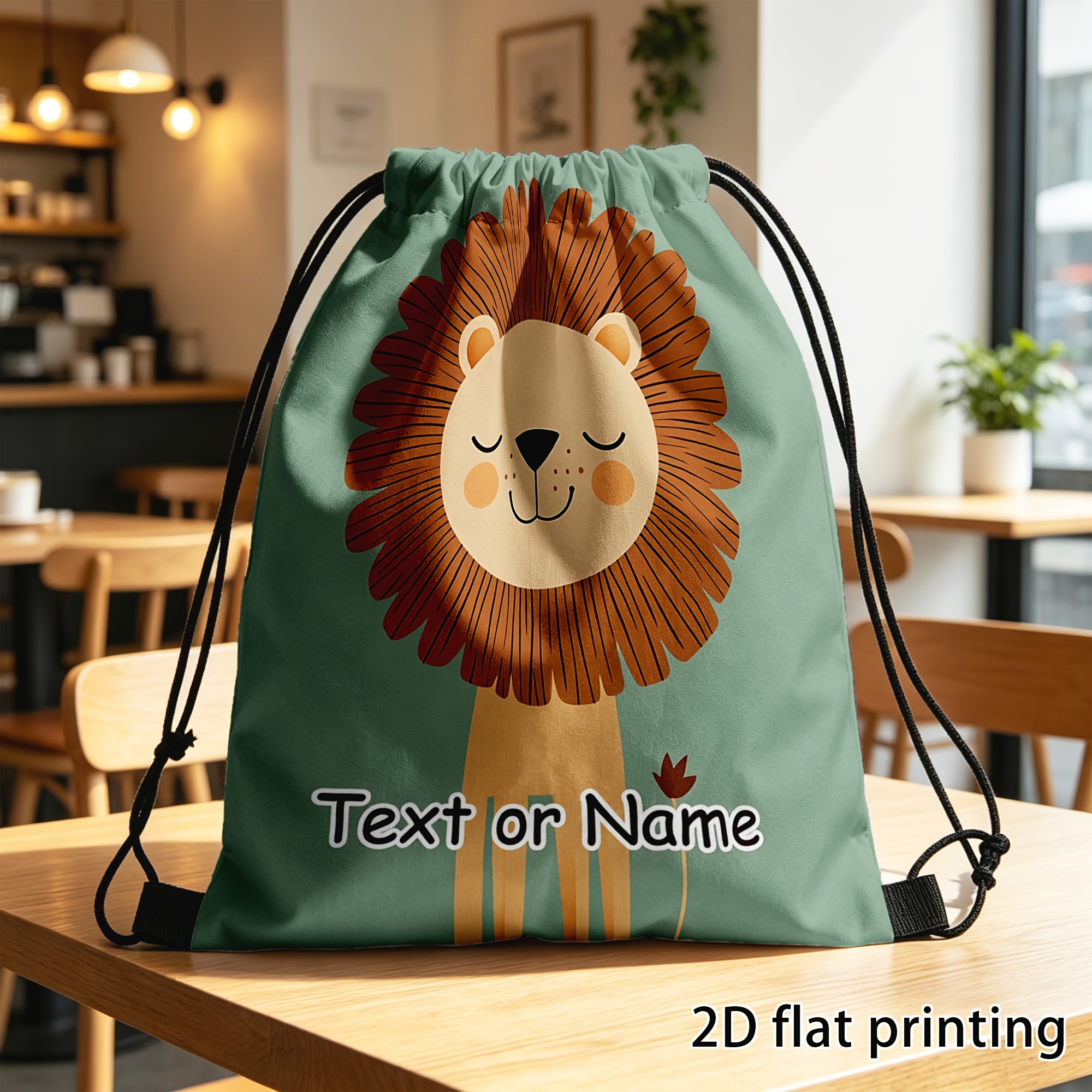 TEMU 1pc, Customized Drawstring Backpack, Lion Face Backpack With Name Text School Book Lunch Box Carrier Picnic Suitable For Book Bags Lunch Boxes