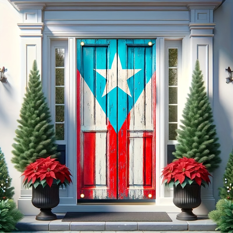 

1pc Patriotic Door Decor, Puerto Rican Flag Graffiti Wooden Door Design, Door Cover, Polyester Material, Indoor & Outdoor Use, 35.4"x70.8" - Battery-free