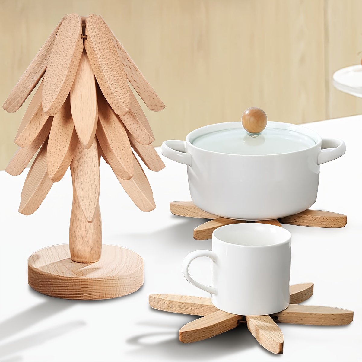 

1pc Rustic Trivet Set - Foldable Wood Pot Holder For Hot Dishes, Bowls, Coffee Cups, Teapots - Kitchen Tree Shaped Coasters