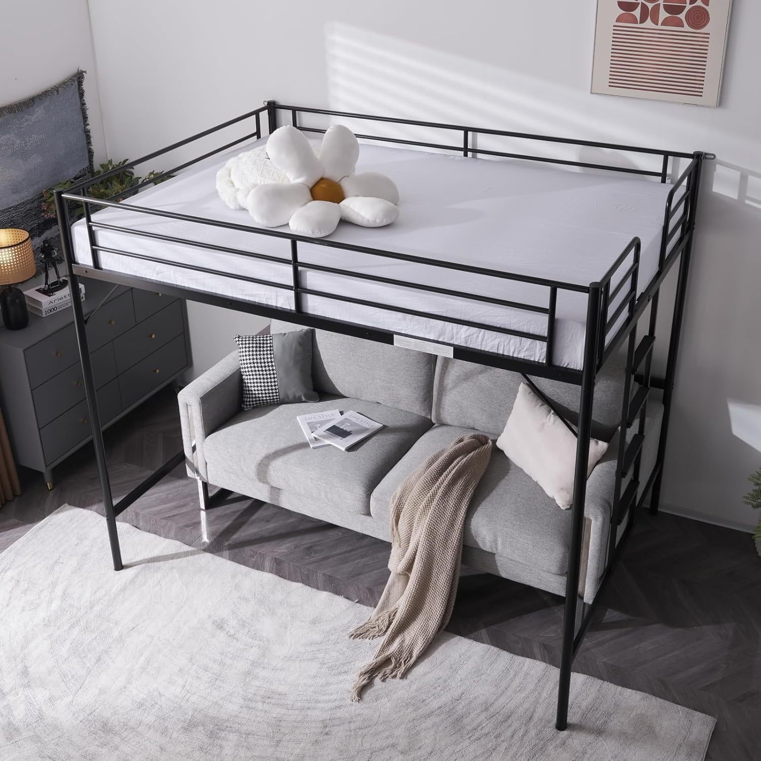 TEMU Sturdy Metal Loft Bed With A Flat-step Ladder And - Space- Bunk Bed Frame For Bedrooms, Spring Required, Ideal For Dorms And Apartments (black)