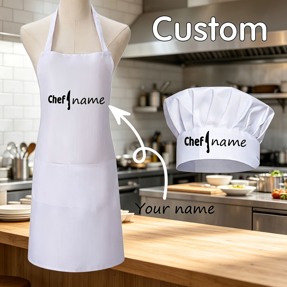 TEMU Custom Personalized Chef Hat And Apron Set - Logo/name/text, Supports Name To Chef Knife Pattern, Unisex Adult/cooking Apparel With Pockets,