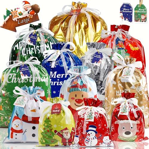 gift bags 25pcs drawstring gift bags assorted sizes large medium small wrapping bags 12 design goody bags for presents with tags xmas gift bags for christmas new year party the bag patterns are random